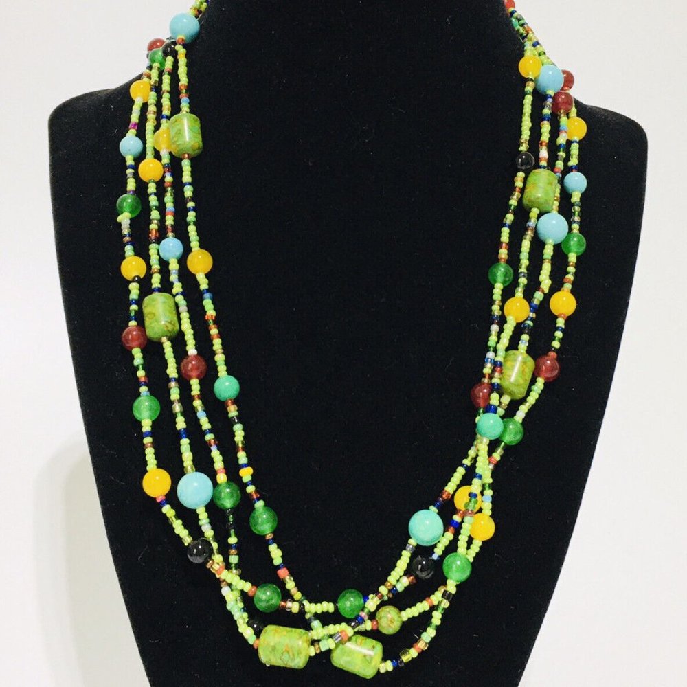 Vintage 925 Sterling Silver Multi Tiers Necklace w Natural Stones 20”L Jewelry